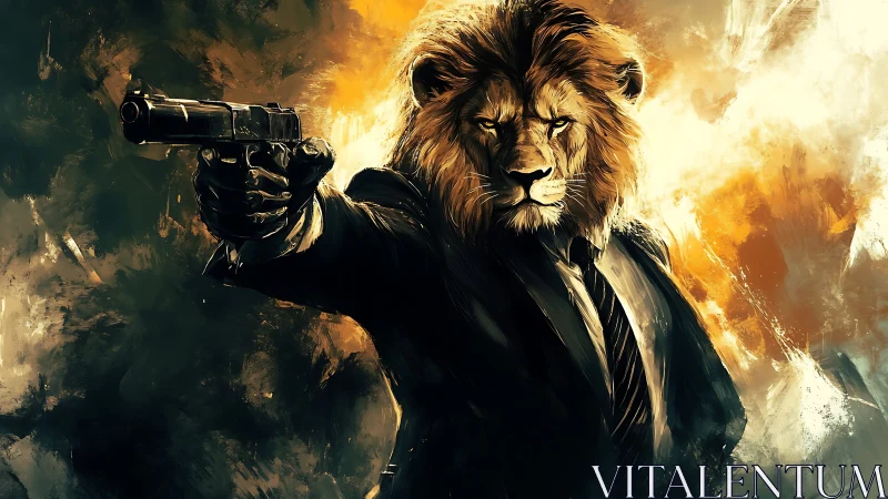Lethal lion in a tailored suit calmly owns the battlefield
