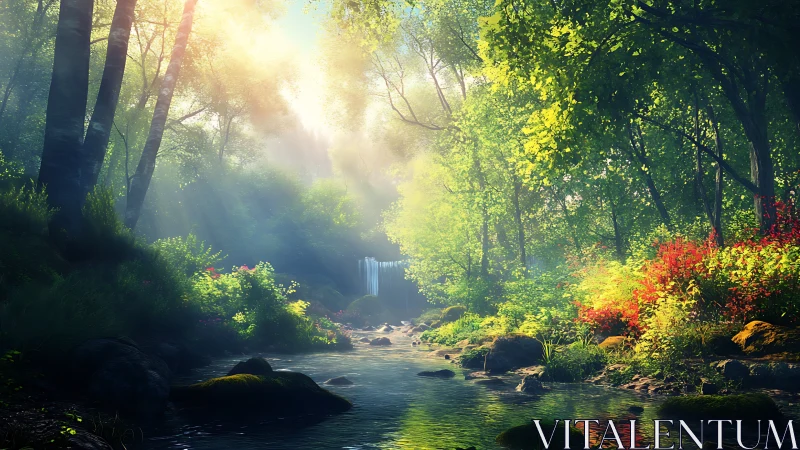 Enchanted Forest Stream Bathed in Golden Light.
