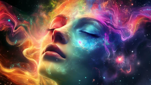 Cosmic female portrait merges nebular color fields in dream state