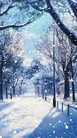 Snow covered urban walkway lined with bare winter trees.