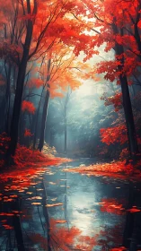 Autumnal forest creek renders saturated contrast and misty depth