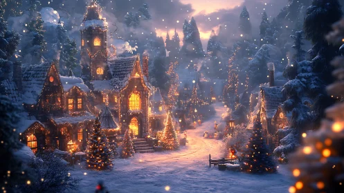 Snow-covered village street with illuminated houses at dusk.
