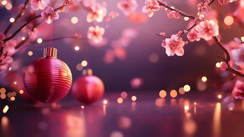 Pink baubles glow softly among dreamy cherry blossoms