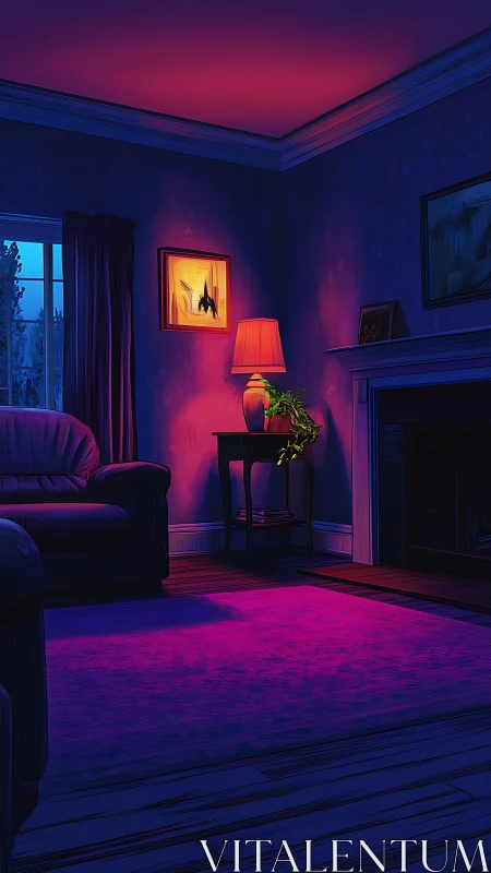 Cozy midnight living room glowing with dreamy neon light.