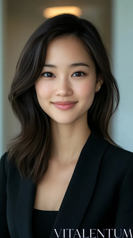 Portrait shows young woman in black blazer against soft blur