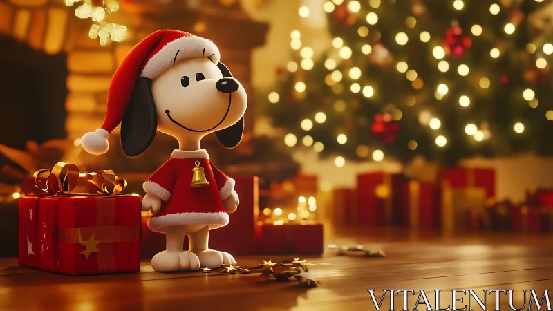 Festive cartoon dog celebrates Christmas by the glowing tree.