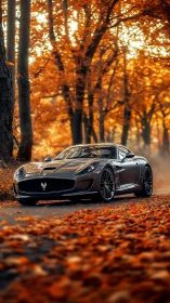Sports coupe parked on forest road in autumn light.