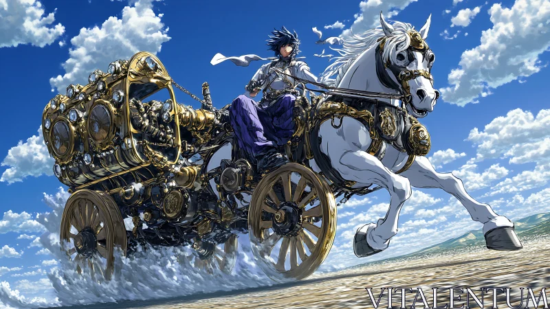 Gallant rider guides a steampunk chariot across bright skies