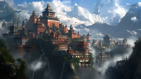 Mountain city with tiered temples rises above clouded cliffs