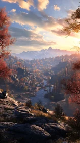 Sunlit autumn valley with river, distant mountains and tower.