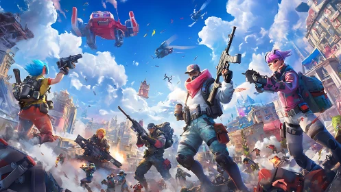 Colorful futuristic squad in chaotic urban battle scene.