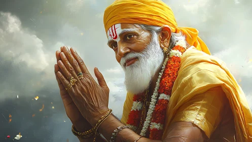 Gentle sage in saffron light offering a serene blessing.