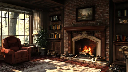 Cozy brick library interior with armchair and lit fireplace