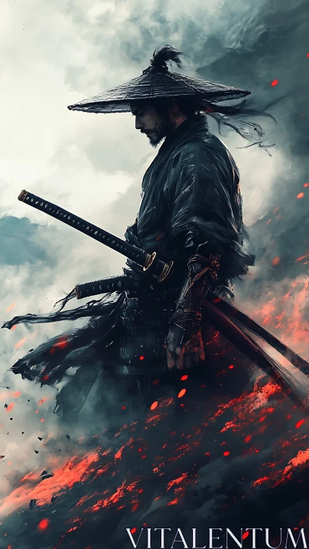 Lone ash-swept samurai strides through a storm of embers.