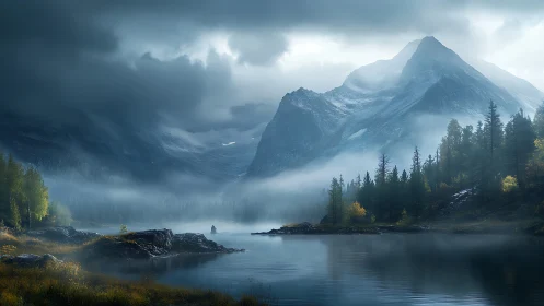 Soft morning mist wraps quiet mountains and a glassy lake