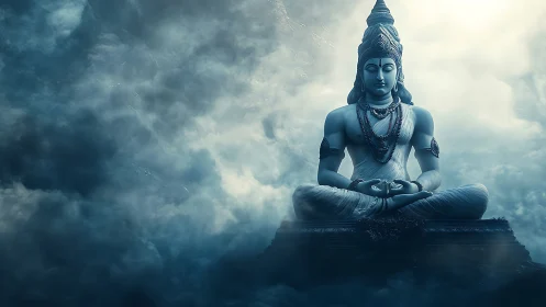 Seated stone deity statue floats centered in dense blue mist