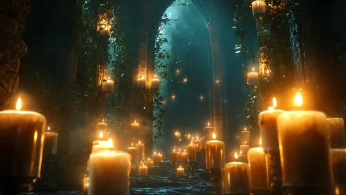 Candlelit ruined cathedral corridor glows through mist