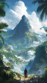 Solitary figure observing misty jungle valley and mountain.