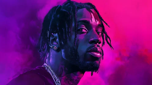 Electric neon portrait in glowing magenta and violet haze.