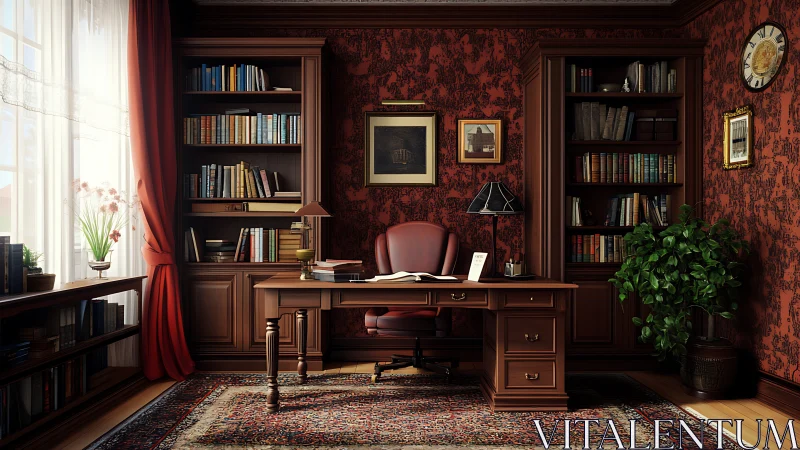 Classic mahogany study with red wallpaper and window light.