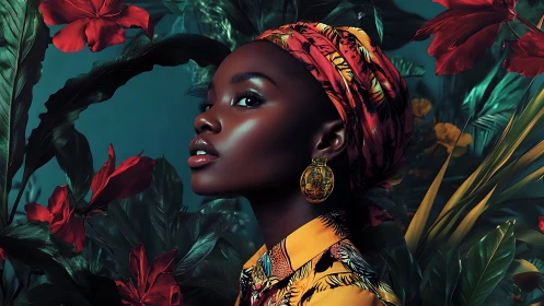 Portrait in lush jungle blooms celebrates vivid cultural style.