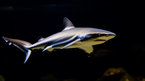 Curious silver shark gliding through a calm midnight sea.
