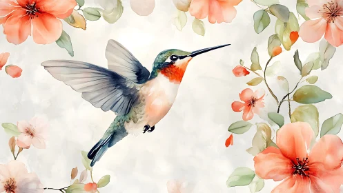 Watercolor hummingbird with coral flowers in delicate floral style.
