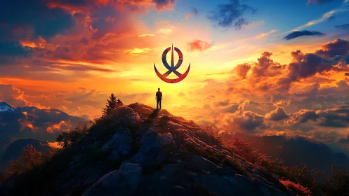 Digital painting of lone summit figure under emblematic sky.