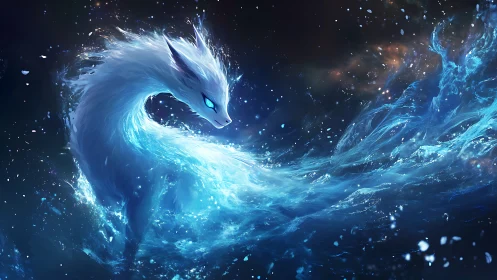 Starlit ice spirit fox swirling through a cosmic tide.