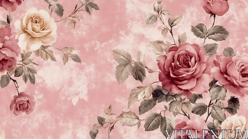 Vintage Floral Rose Composition: Pink Tones, Botanical Elegance