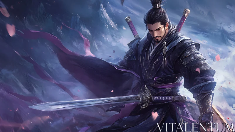 Storm-lit swordsman pauses in a quiet moment of resolve