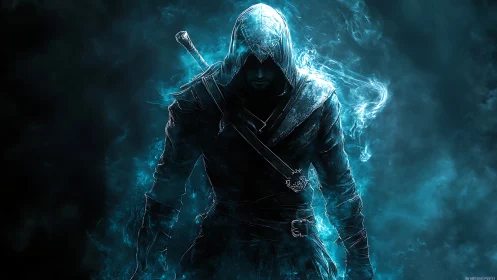 Hooded rogue strides through swirling blue spectral mist.