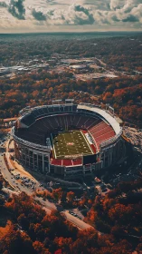 Cinematic aerial stadium panorama with autumn urban context.