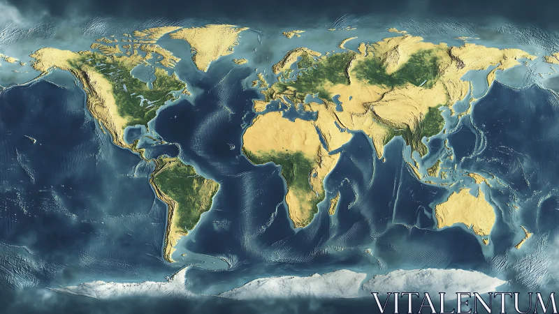 Textured world map with shaded relief and oceans.