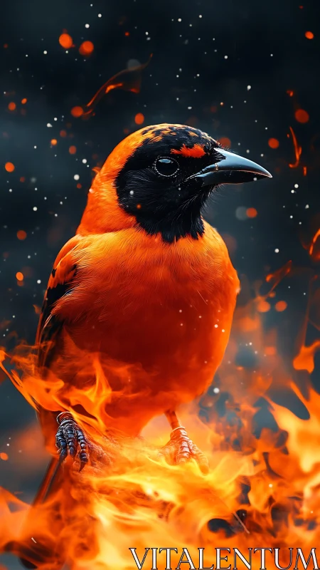 Flaming ember bird stands amid sparks and swirling fire.