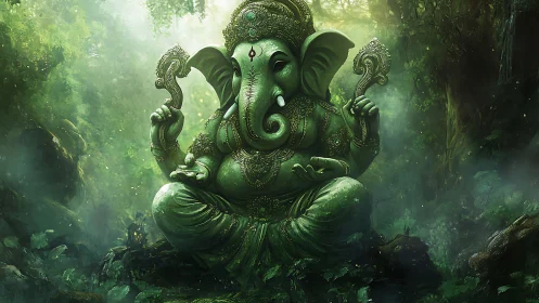 Forest deity statue with ornate elephant-headed figure.