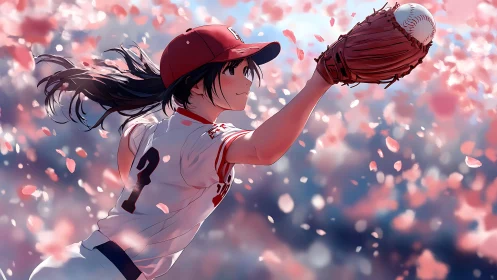 Girl outfielder catches baseball amid dense falling petals