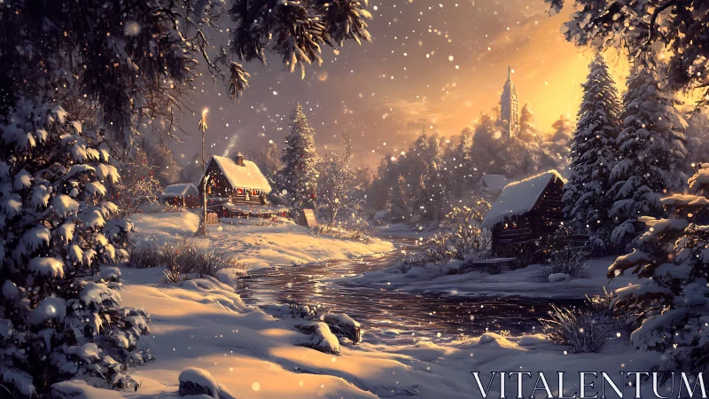 Snow-covered rural settlement is depicted at winter sunset