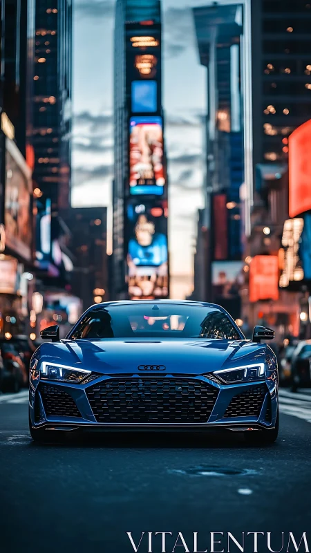 Midnight blue supercar poised in neon city streets.