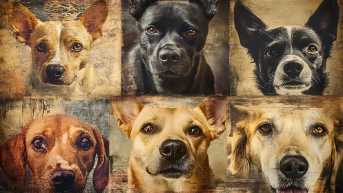 Canine portrait grid with six expressive mixed breed dog faces