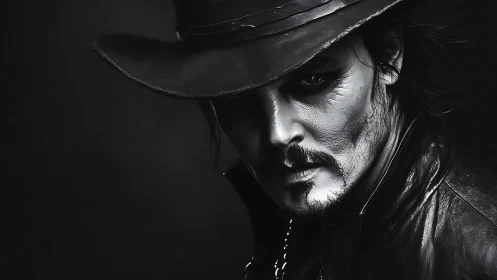 Brooding cowboy portrait in stark monochrome lighting.