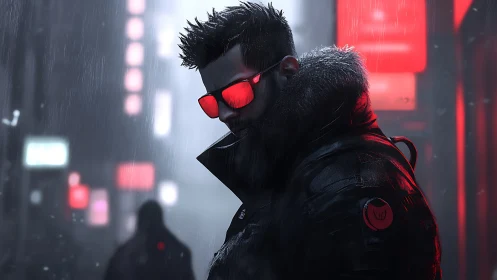 Cybernetic figure in red glasses in rainy neon street scene.