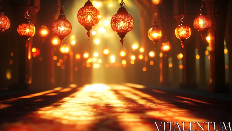 Golden lantern glow in a tranquil sunlit corridor.