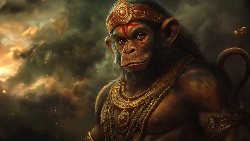 Divine monkey warrior stands amid swirling storm clouds.