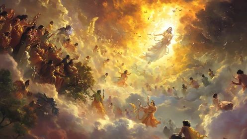 Divine celestial assembly in radiant golden storm clouds