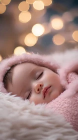 Sleeping infant wrapped in pink blanket with soft lights.