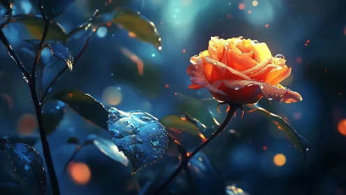 Golden Rose Glistens in Blue Twilight Wonder.