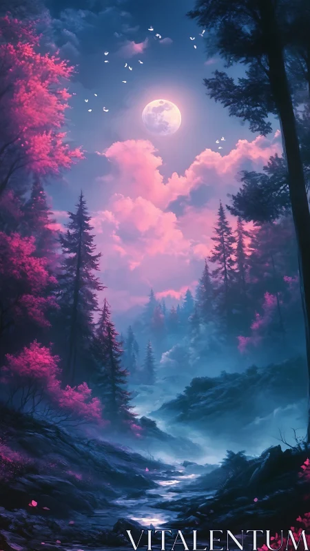 Moonlit forest valley shows contrasting magenta and blue tones