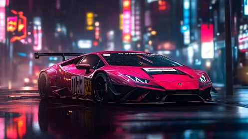 Neon-soaked supercar poised on rain-slick cyberpunk street.
