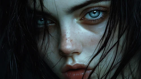 Piercing blue-eyed portrait bathed in moody cinematic light.